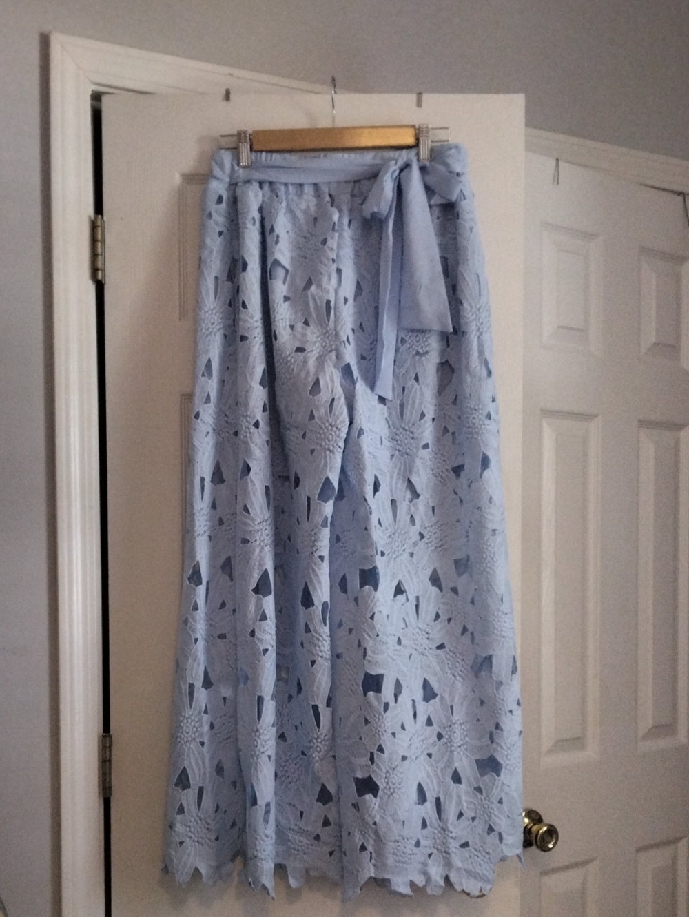Light Blue Lace Pants with Tie Waist and Shorts Underneath.